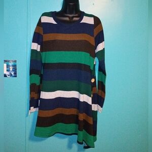 Striped Green and Blue Women's Sweater with Fashionable Buttons